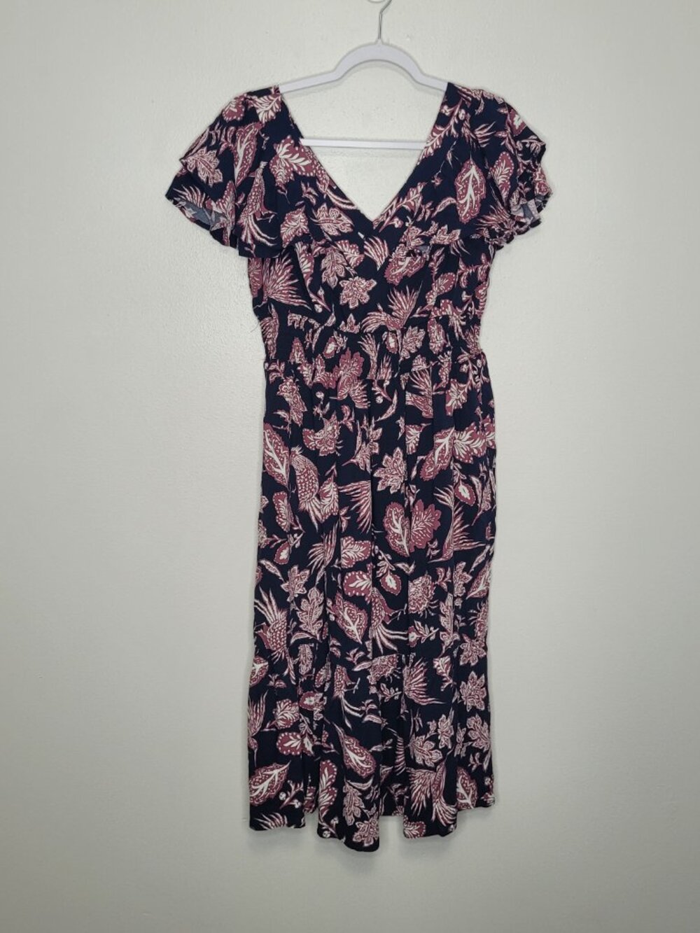 Maurices Navy and Pink Floral Midi ruffle wedding guest dress with pockets med